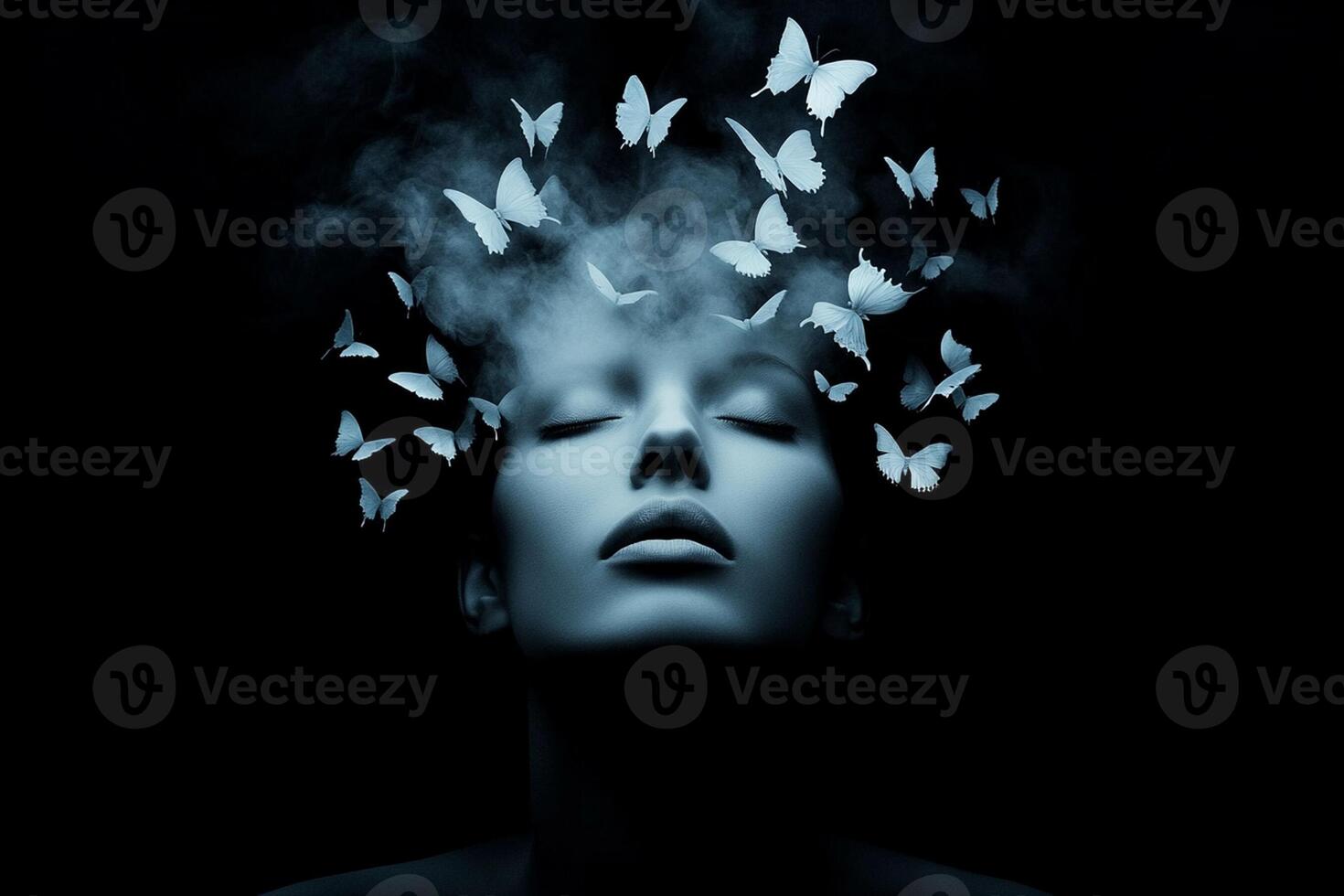 A woman with butterflies flying around her head photo