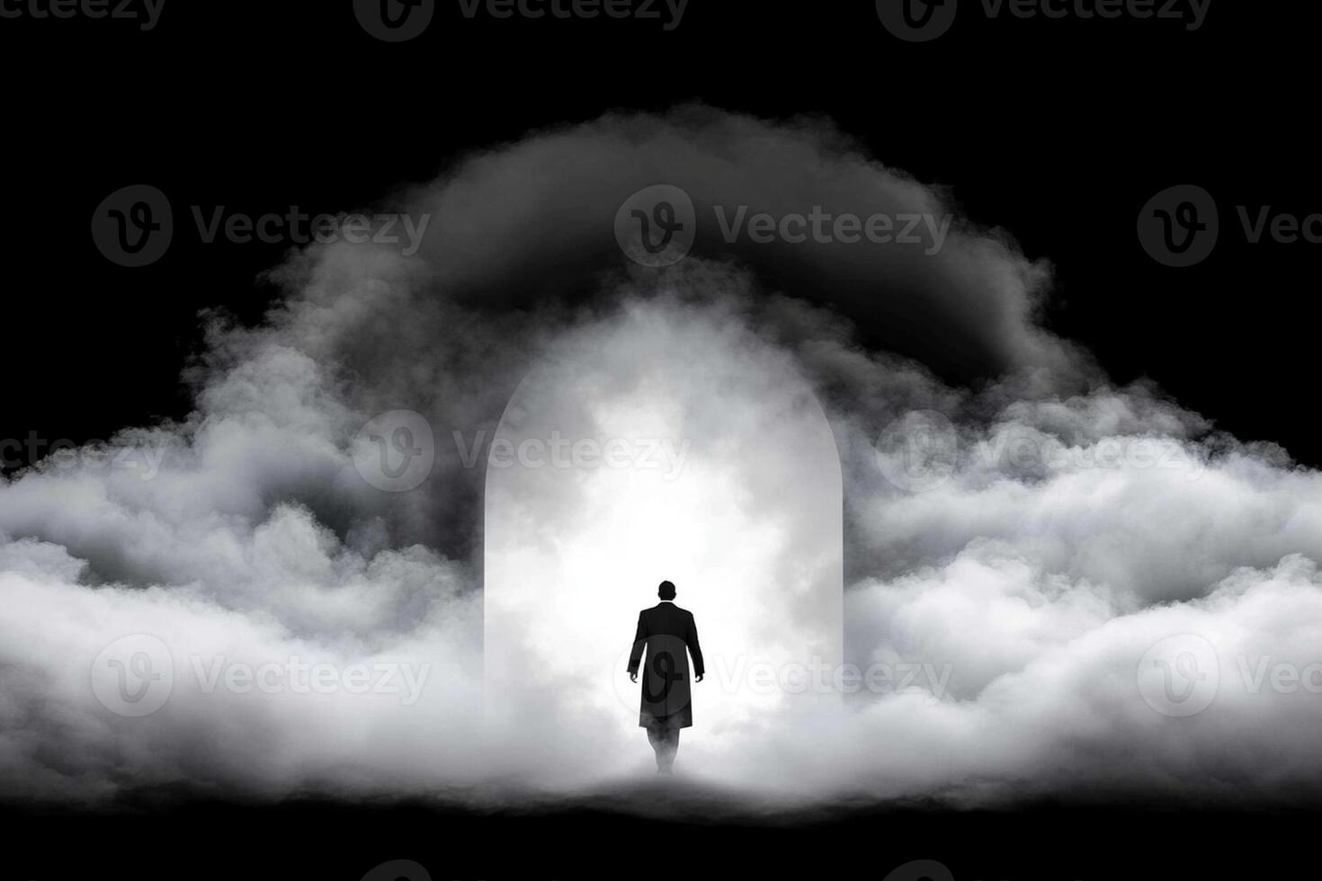 A man standing in front of an open door in the clouds photo