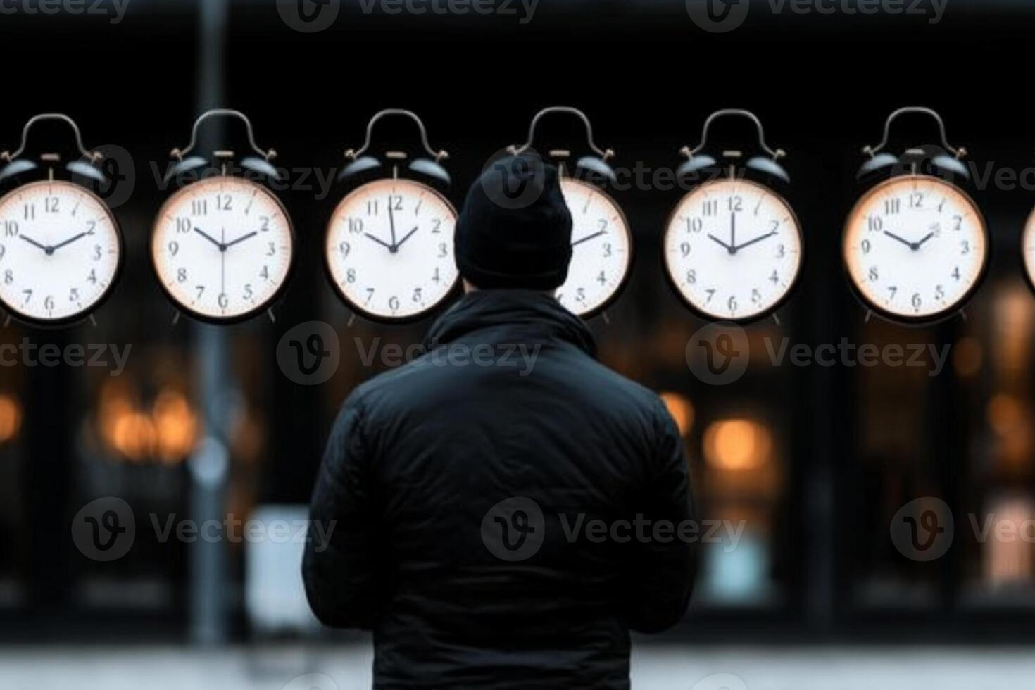 A man standing in front of a row of clocks photo