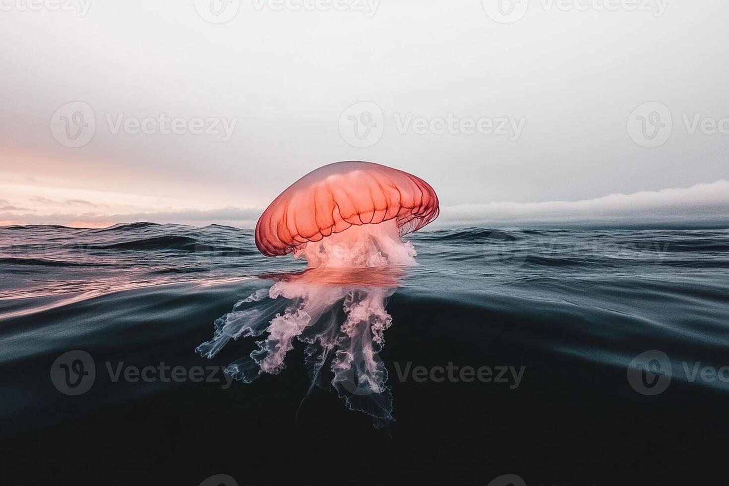 A jellyfish floating in the ocean at sunset photo