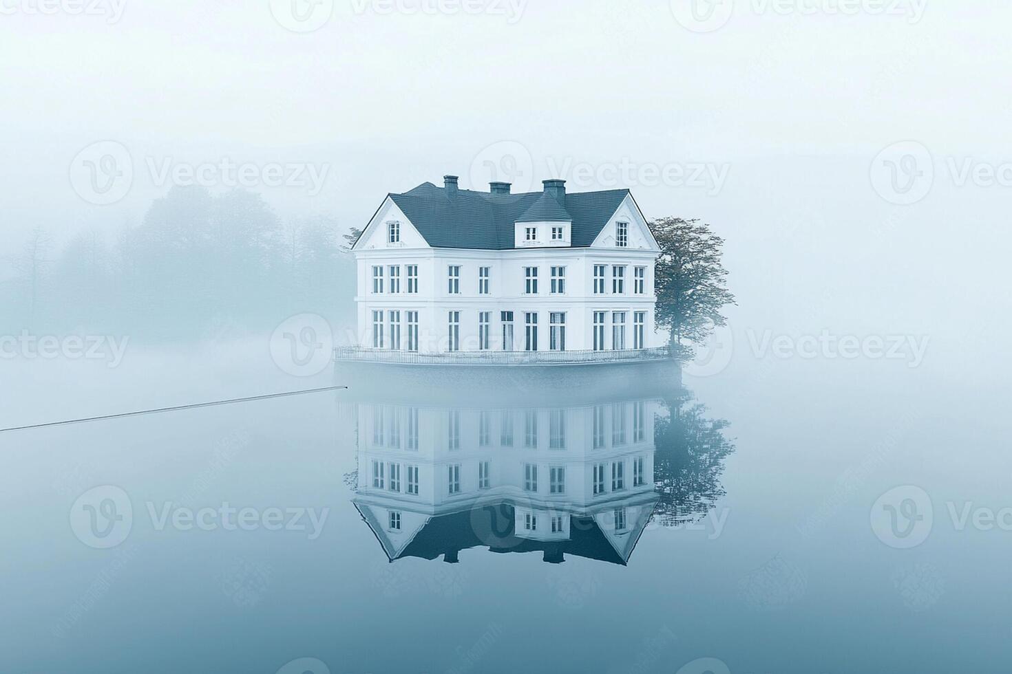 A house floating in the water on a foggy day photo