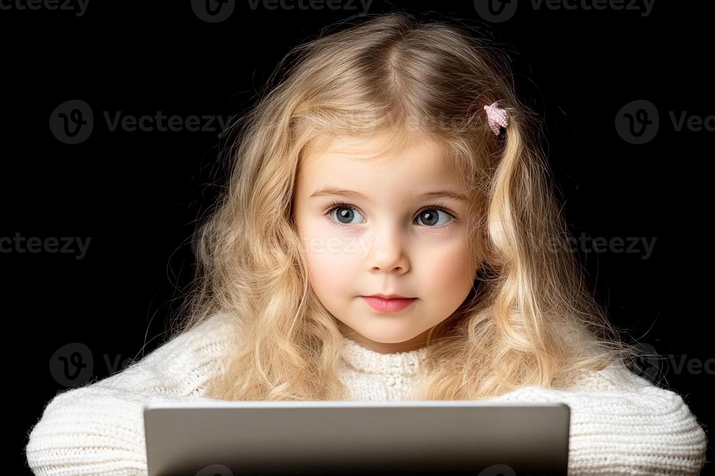 A little girl looking at a tablet computer photo