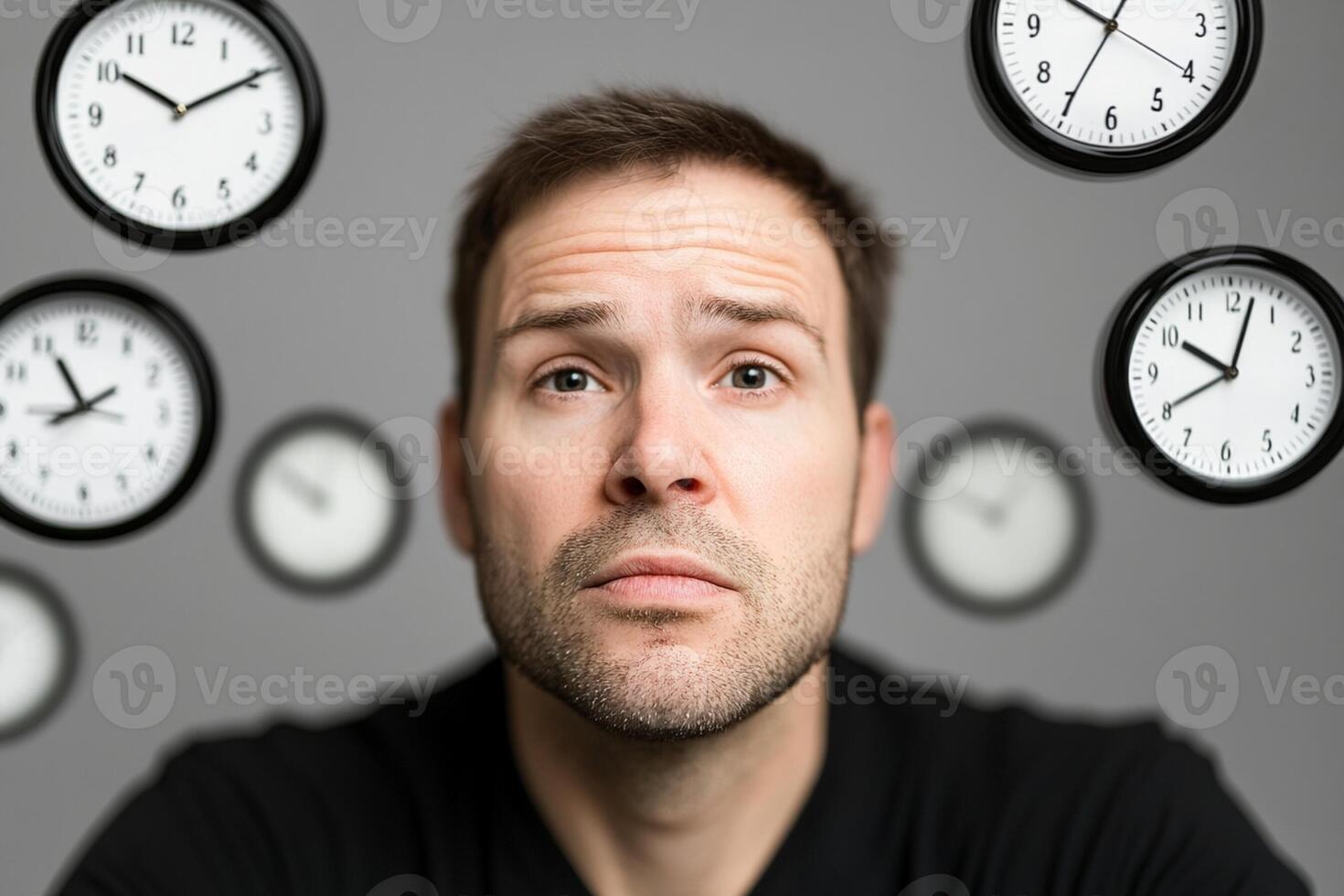 A man is looking at a bunch of clocks photo