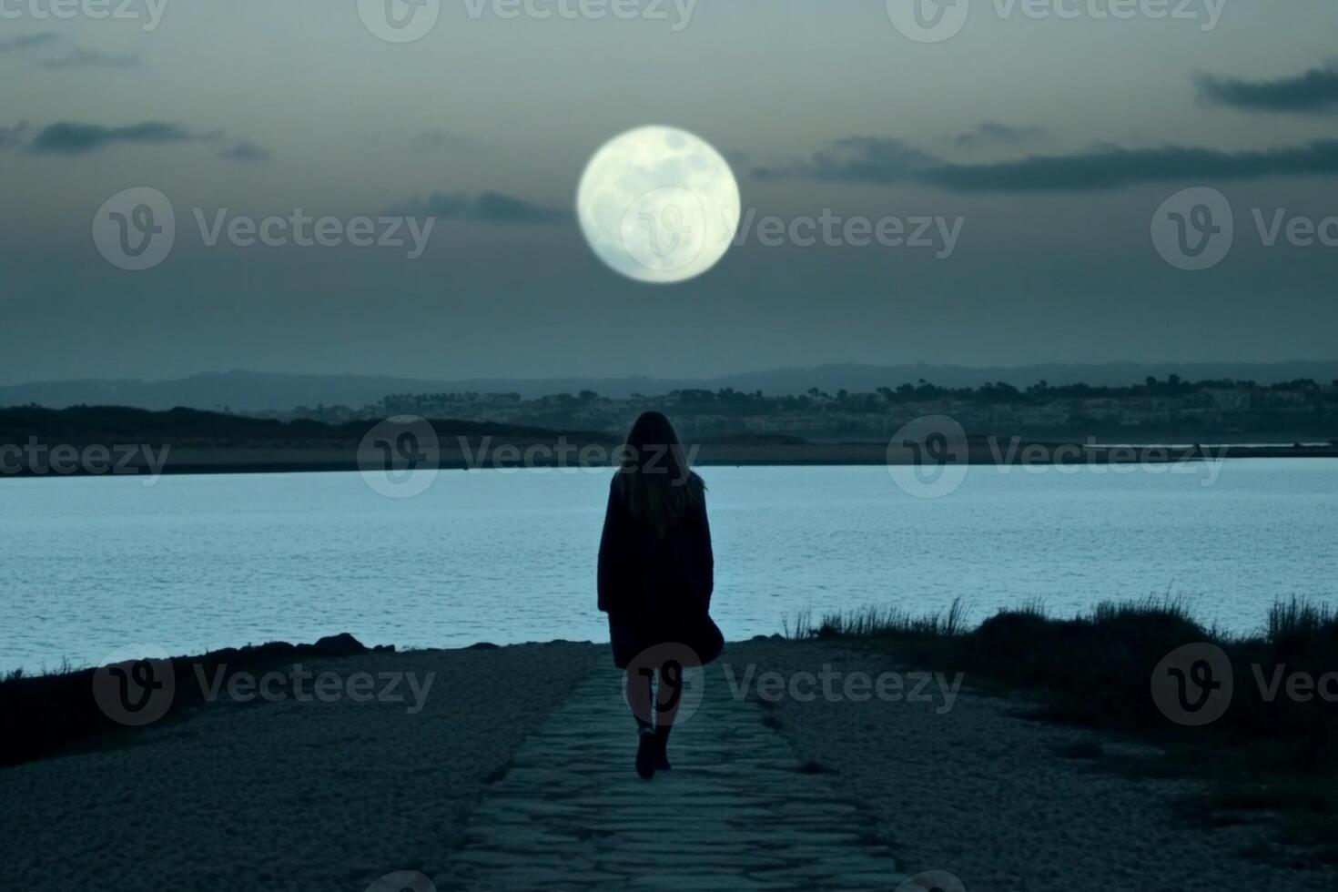 A woman is walking down a path with a full moon in the background photo