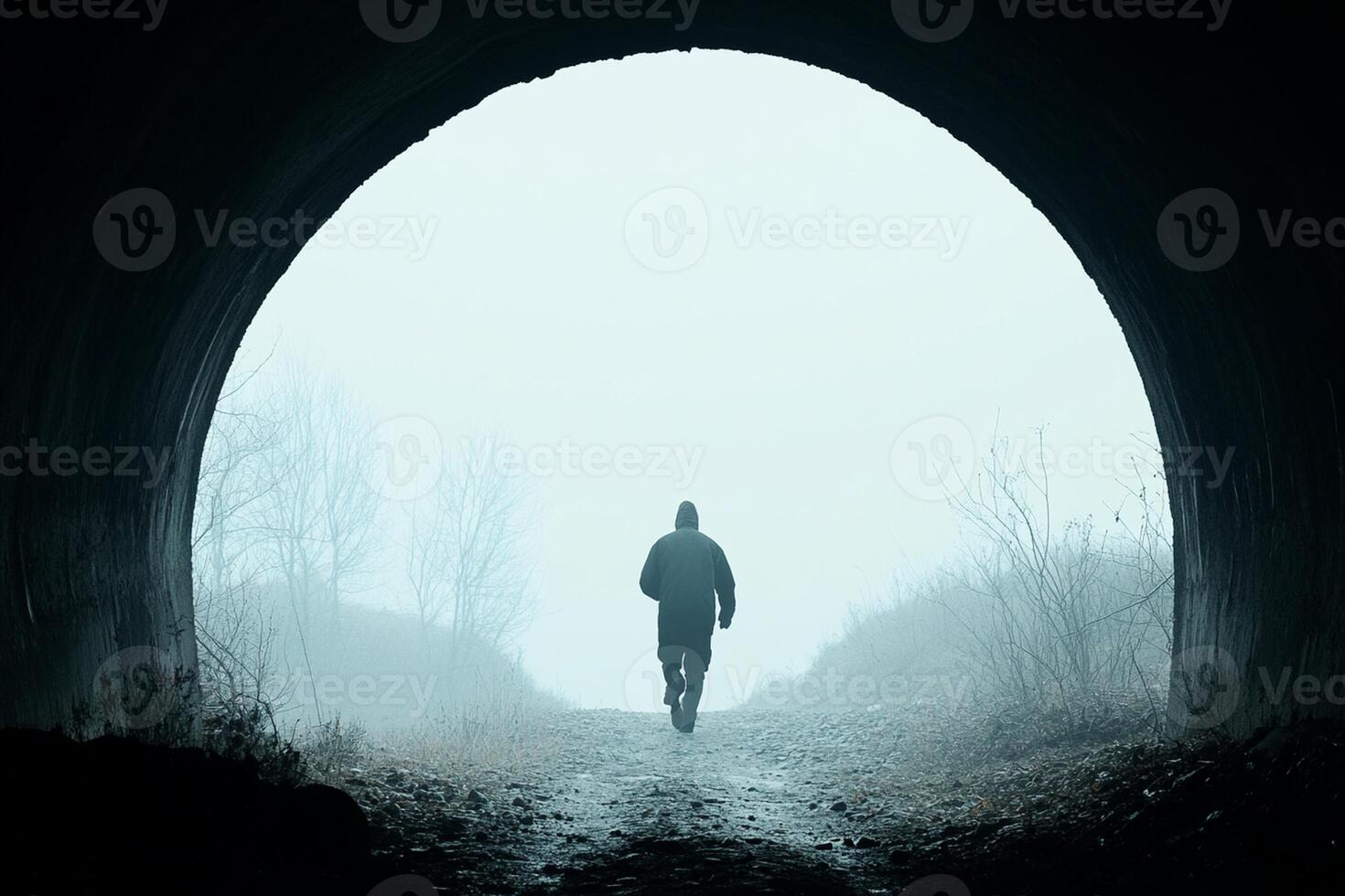A man is walking through a tunnel in the fog photo
