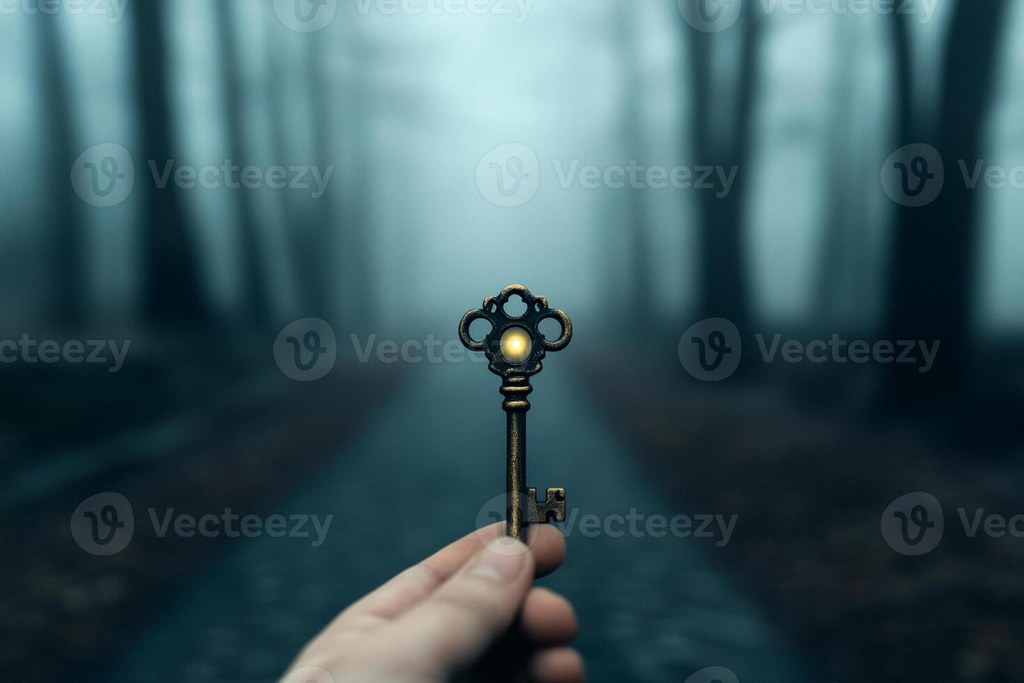 A person holding a key in front of a foggy forest photo
