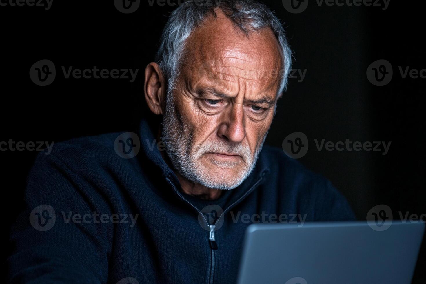 An older man is looking at his laptop photo