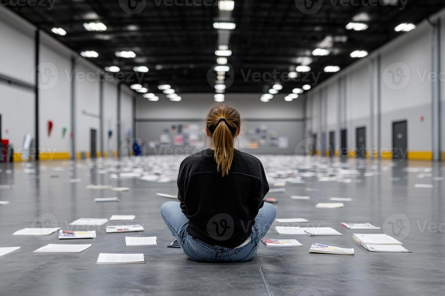 A woman sitting on the floor in an empty warehouse photo