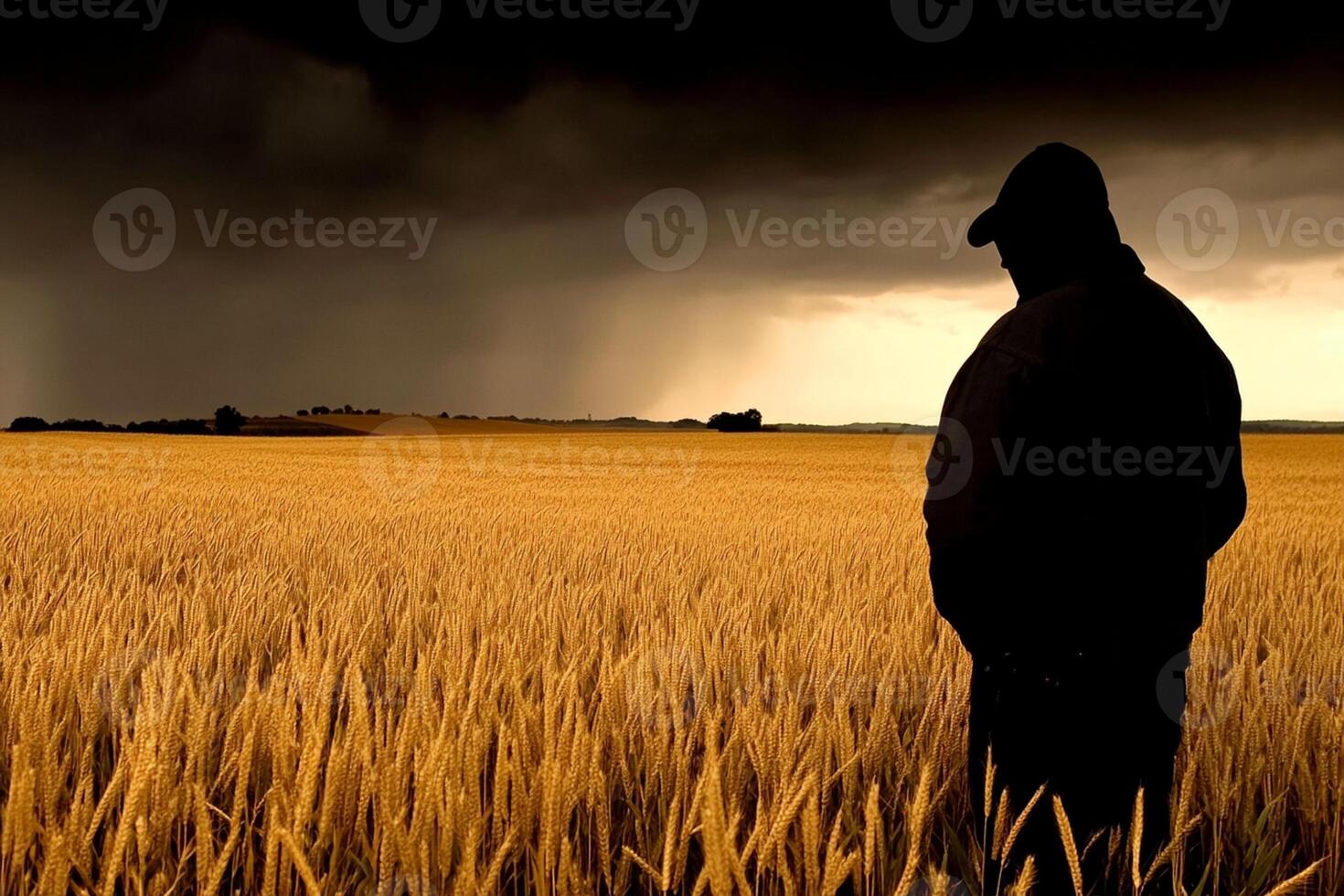 A man standing in a field with a storm in the background photo