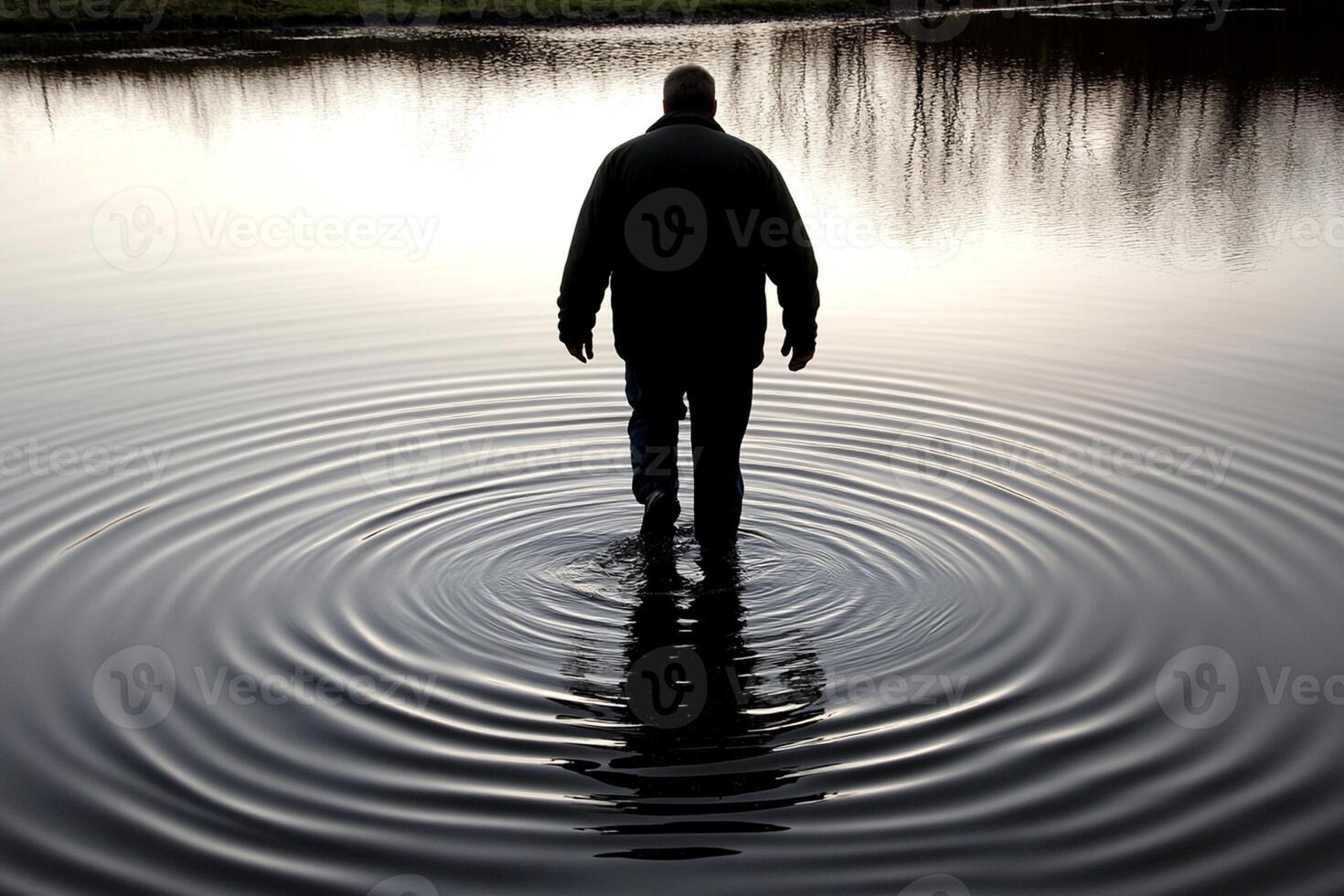 A man standing in the water with ripples photo