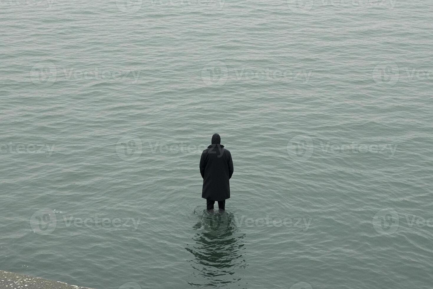 A person standing in the water with a black coat photo