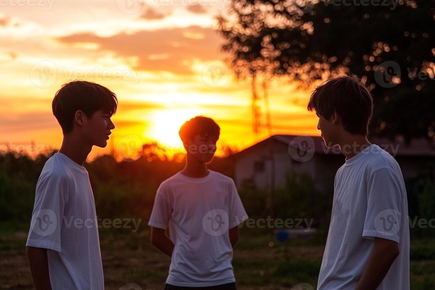 Three young men standing in front of a sunset photo