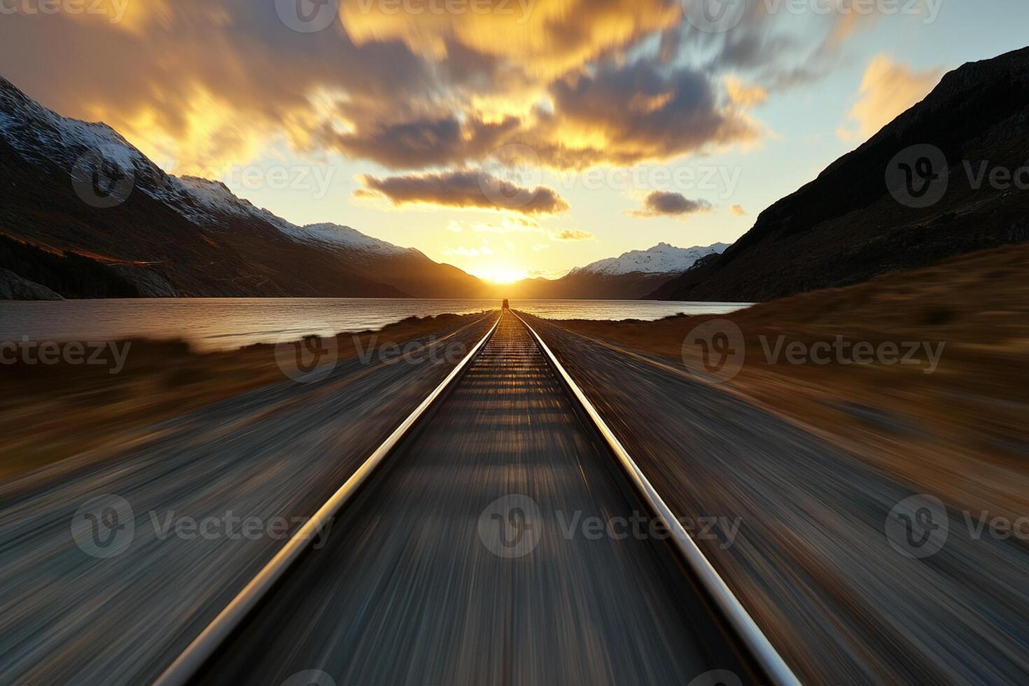 A train track going through a mountain range photo