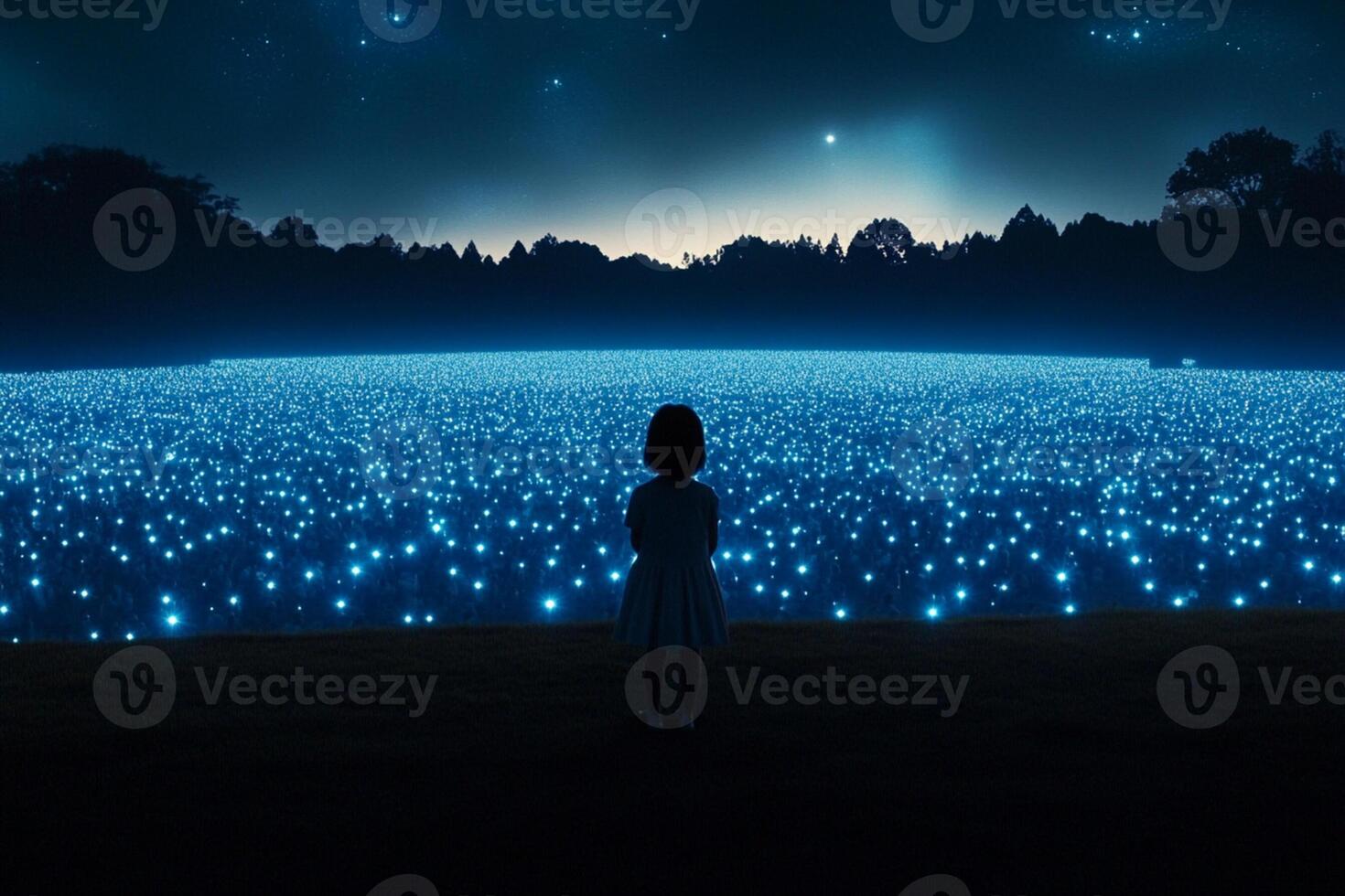 A girl standing in the middle of a field of glowing lights photo