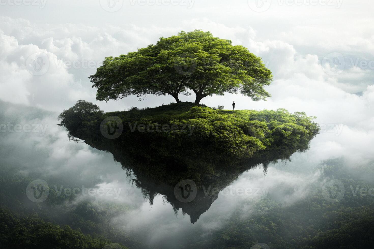A tree is on top of an island in the clouds photo