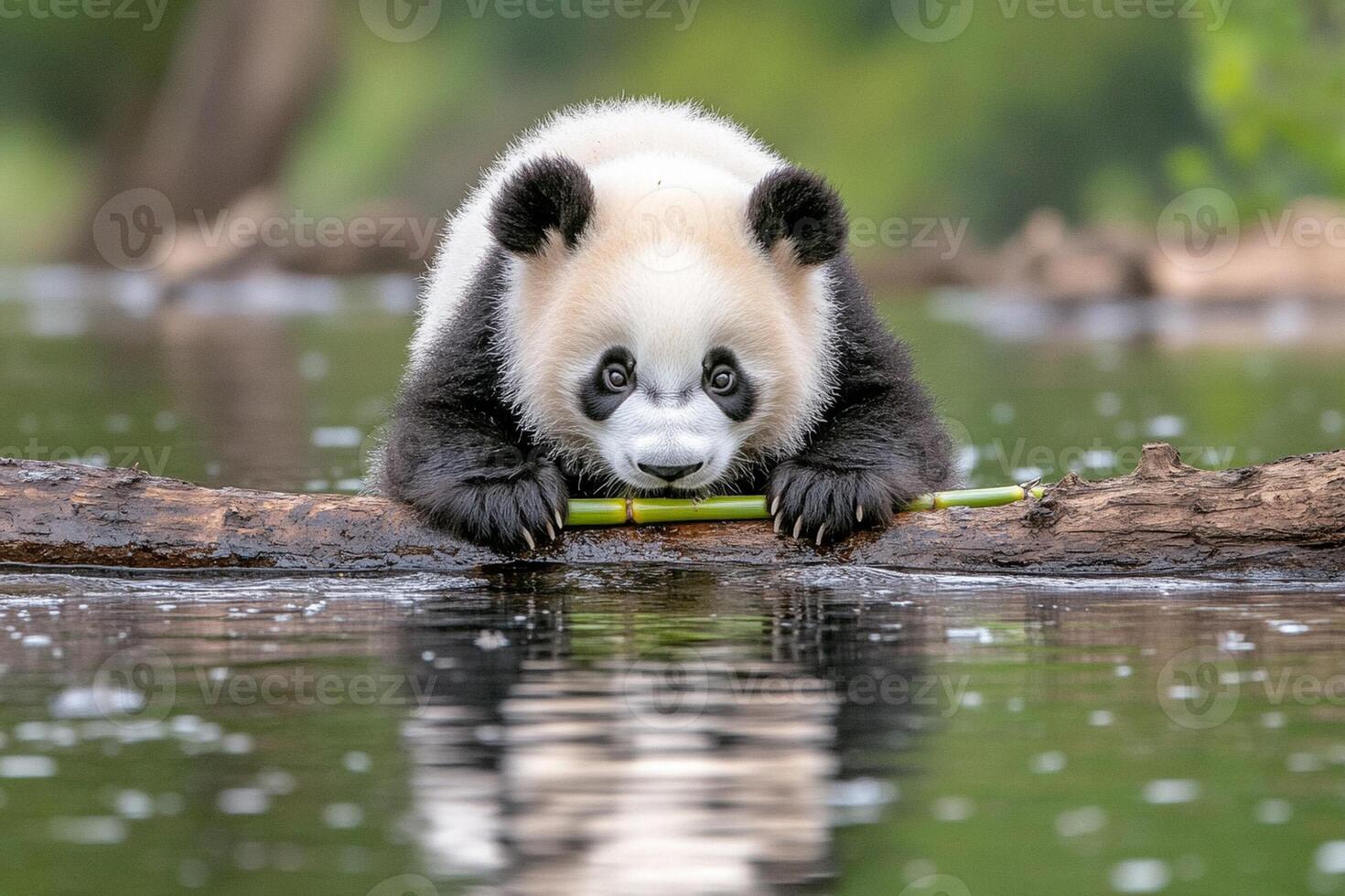 A panda bear sitting on a log in the water photo