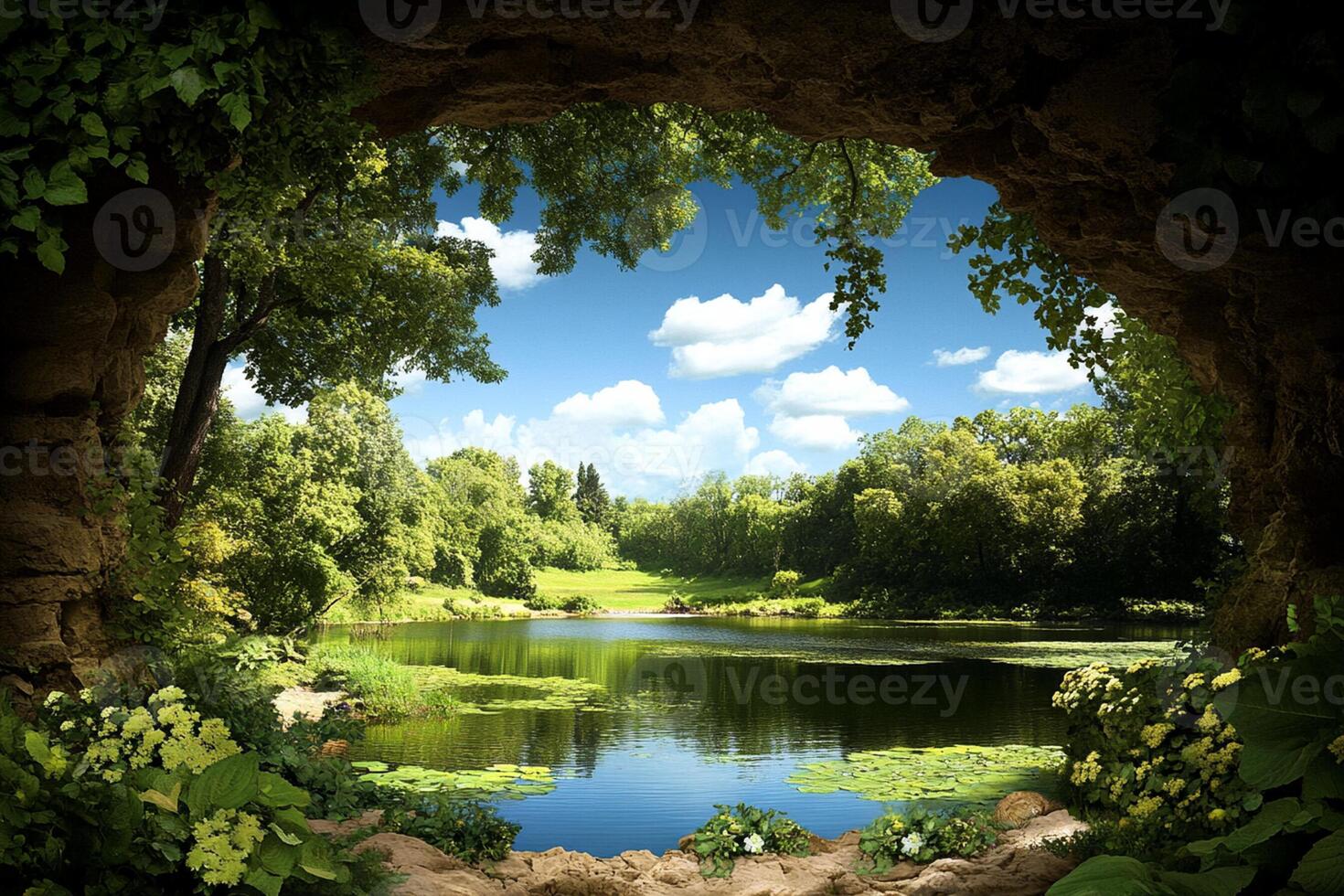 A cave with a view of a lake and green trees photo