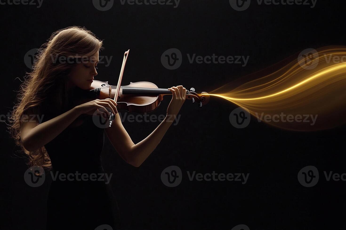 A woman playing the violin with a yellow smoke trail photo