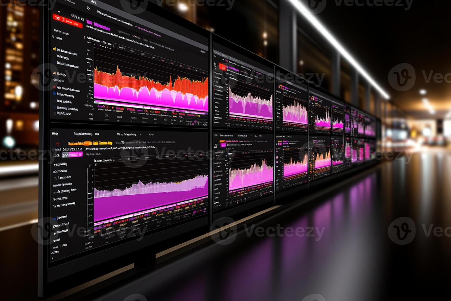 A large display of multiple screens showing different data photo