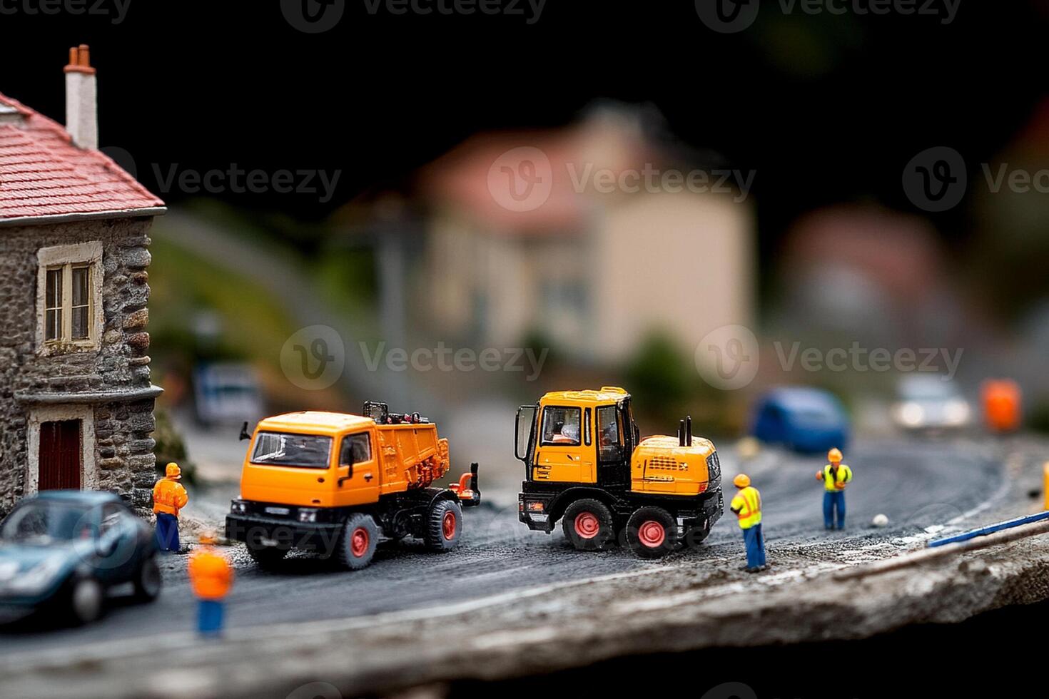 A miniature model of a city with people and vehicles photo