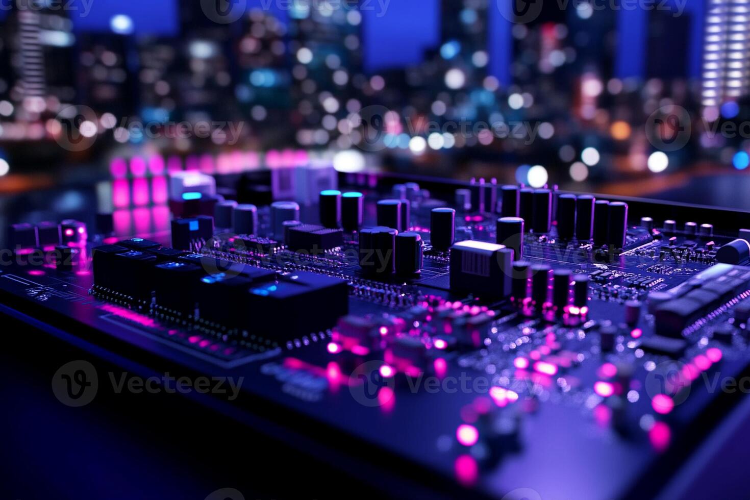 A computer board with purple lights on it photo