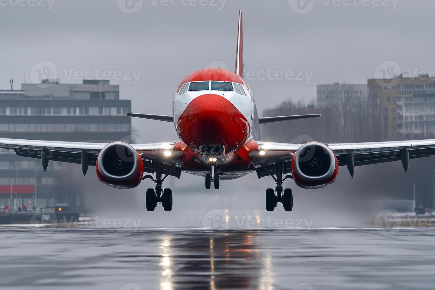 A red and white airplane taking off from the runway photo
