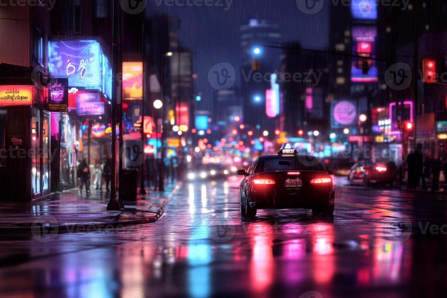 Rainy night city street with neon signs and cars photo