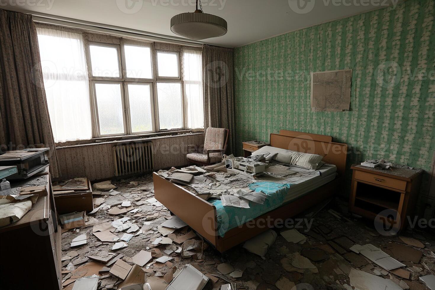 A bed with a blue sheet on it photo