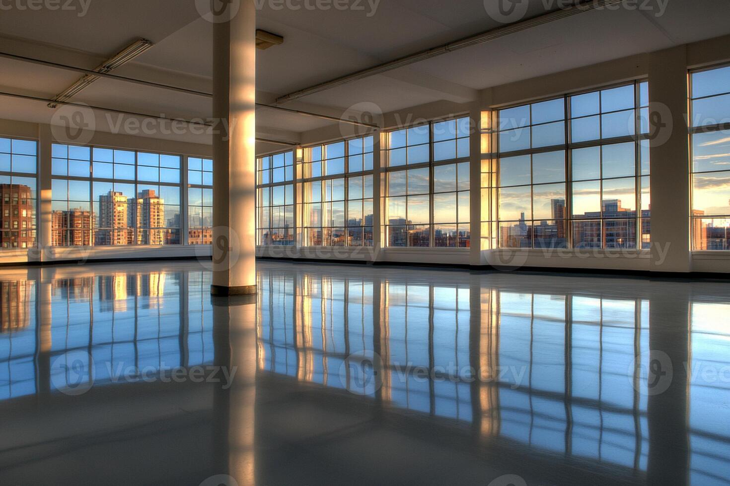 An empty room with large windows and a reflection of the city photo