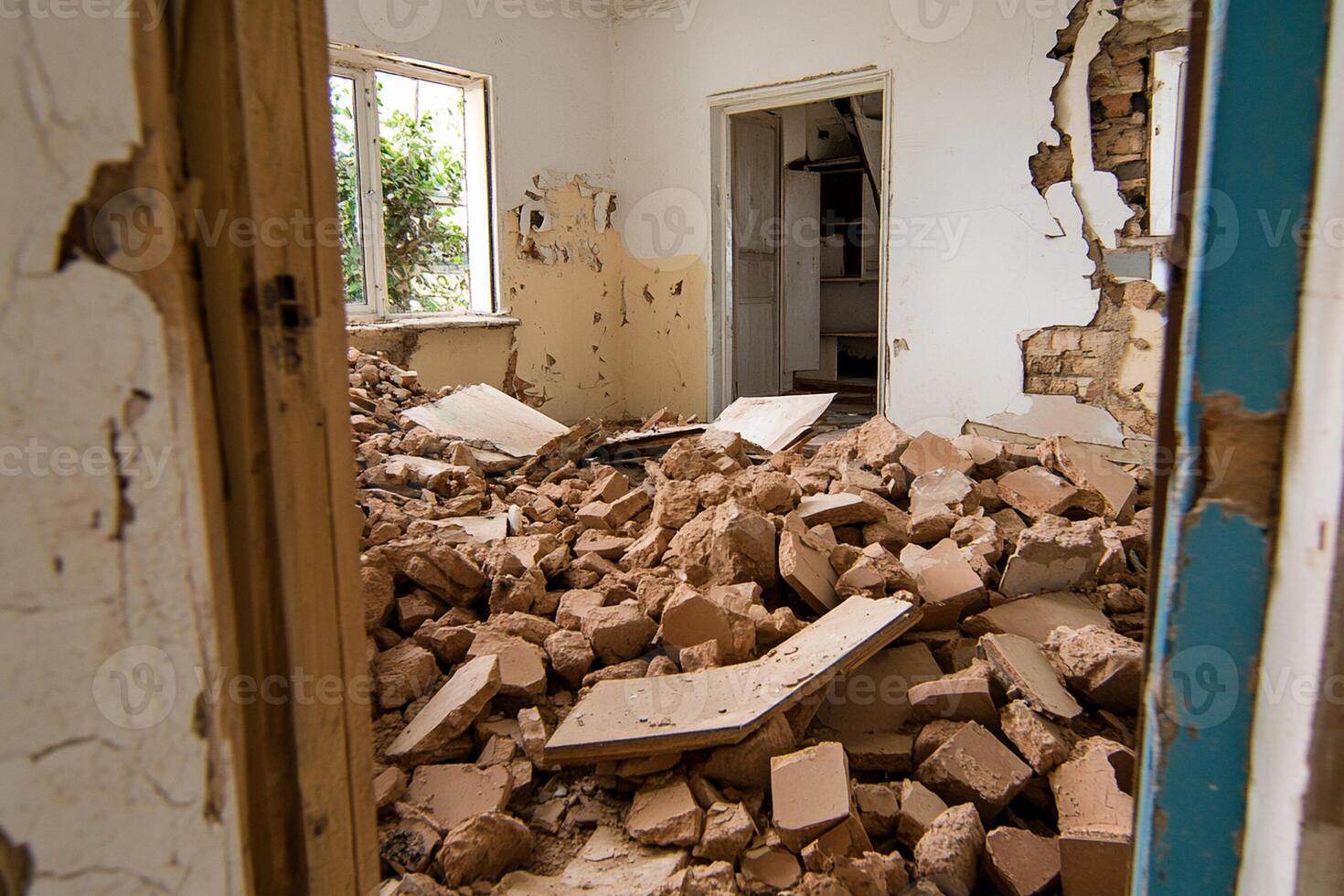 A room with a lot of rubble in it photo