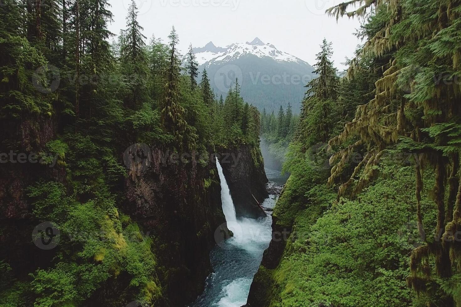 A waterfall is surrounded by trees and mountains photo