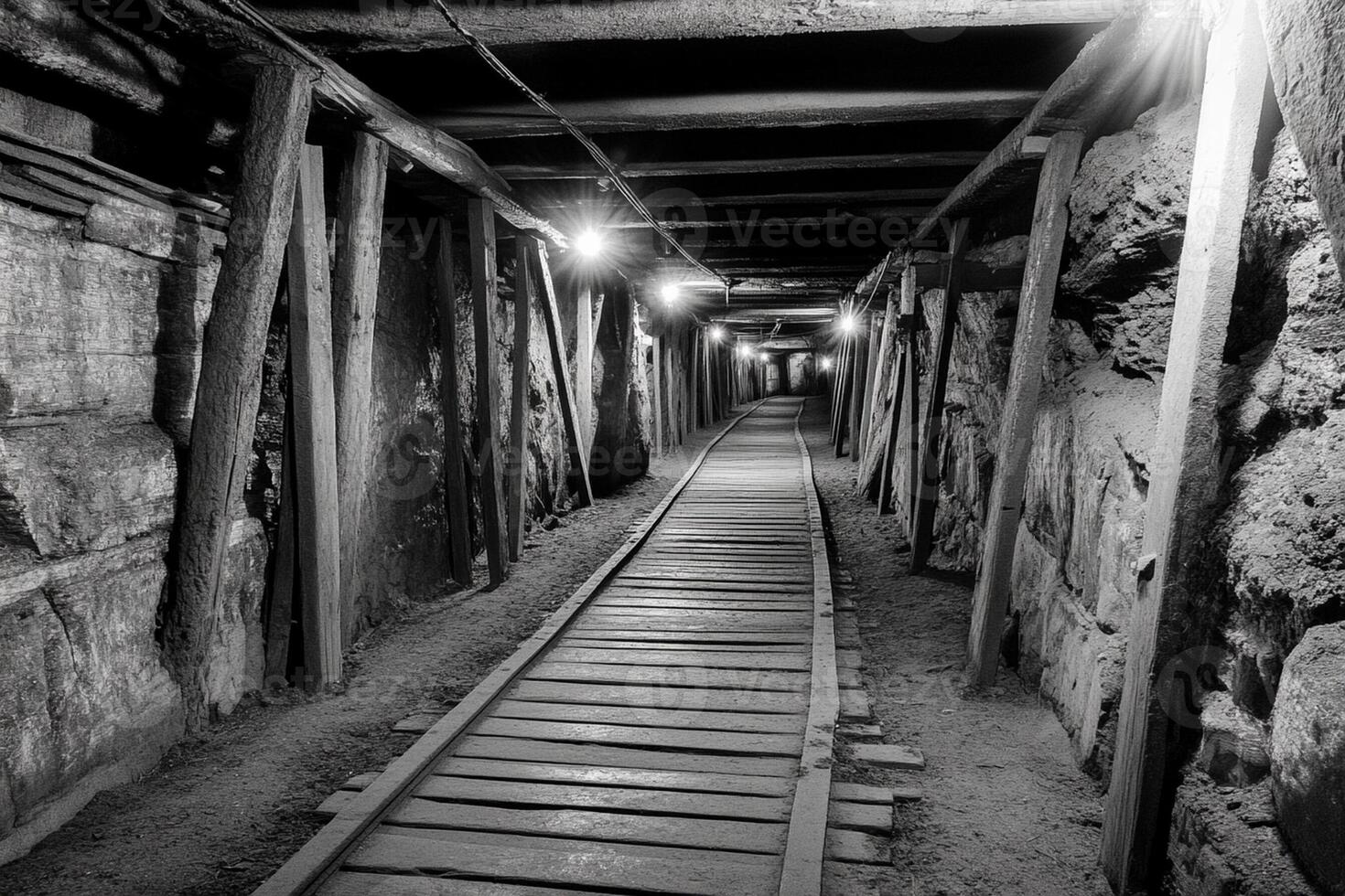 A black and white photo of a tunnel with wooden tracks