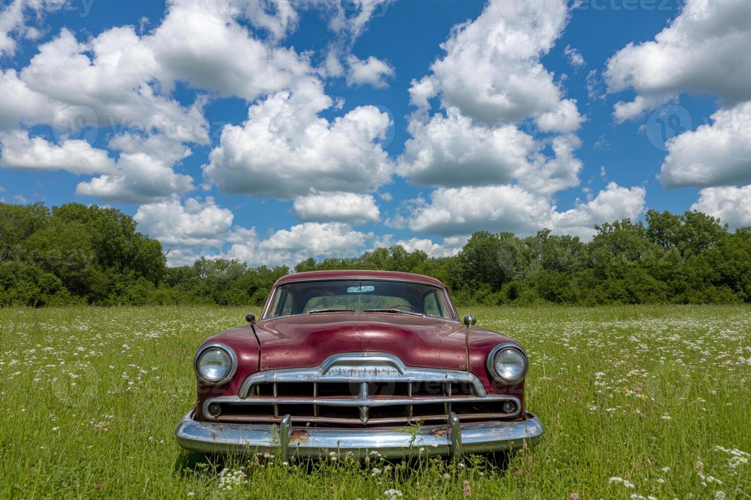 An old car sits in a field of grass photo