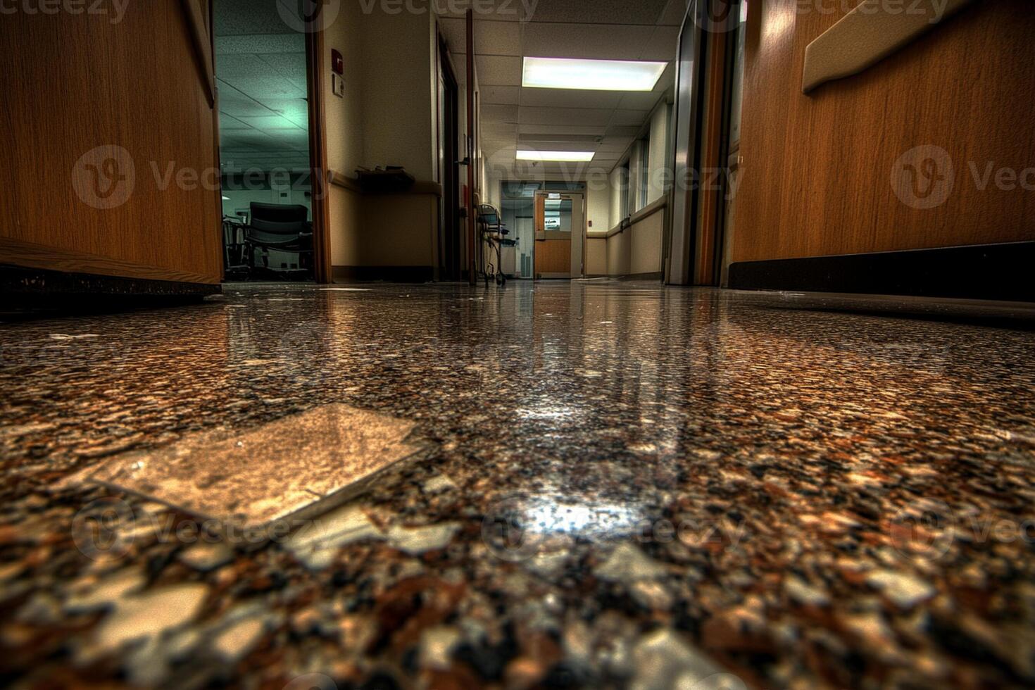 A hallway with a mirror and a door photo