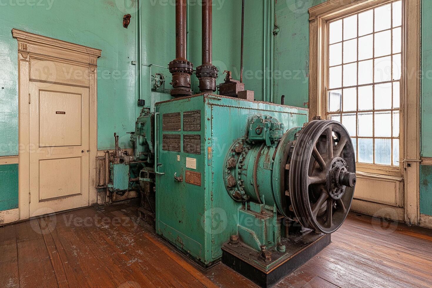 A green machine in a room with a door photo