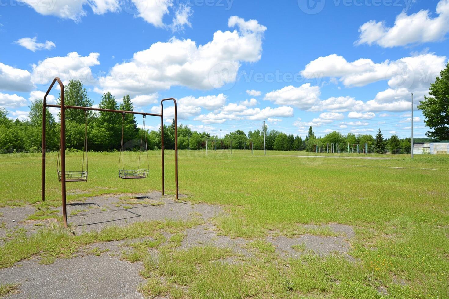 An empty swing set in a grassy field photo