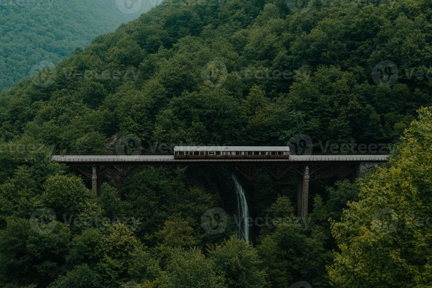 A train crossing a bridge over a waterfall in the mountains photo