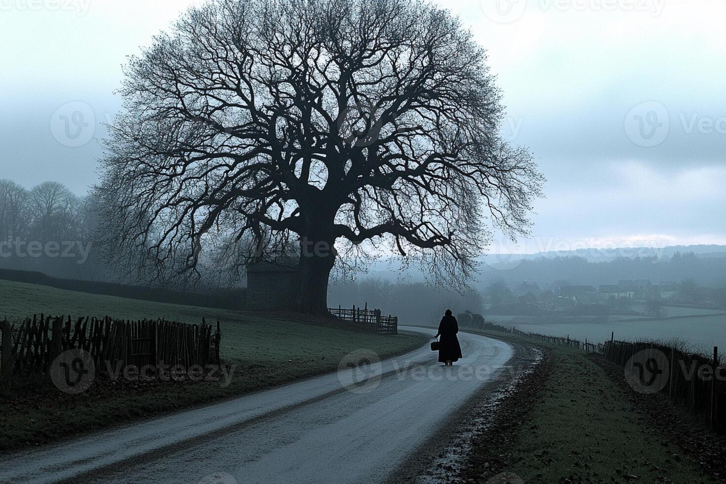 A lone person walking down a country road photo