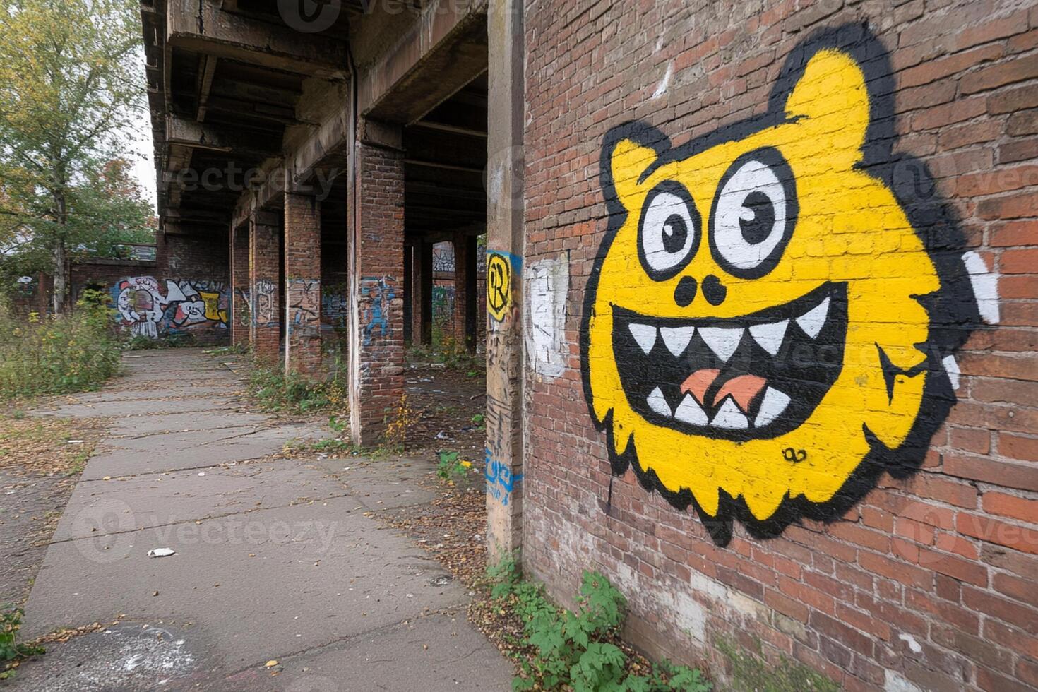 A yellow and black monster on a brick wall photo