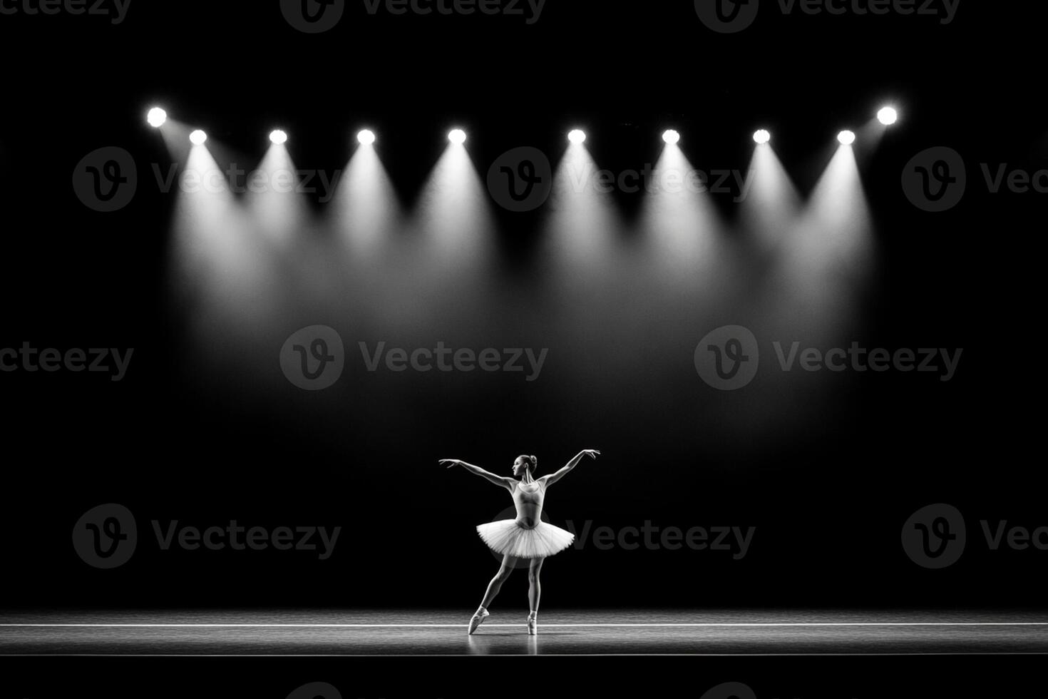 A black and white photo of a ballerina in the spotlight