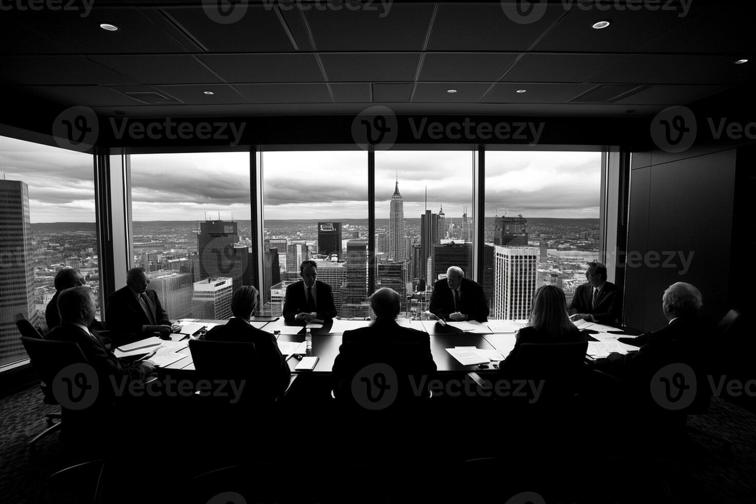 A group of people sitting at a table in front of a large window photo