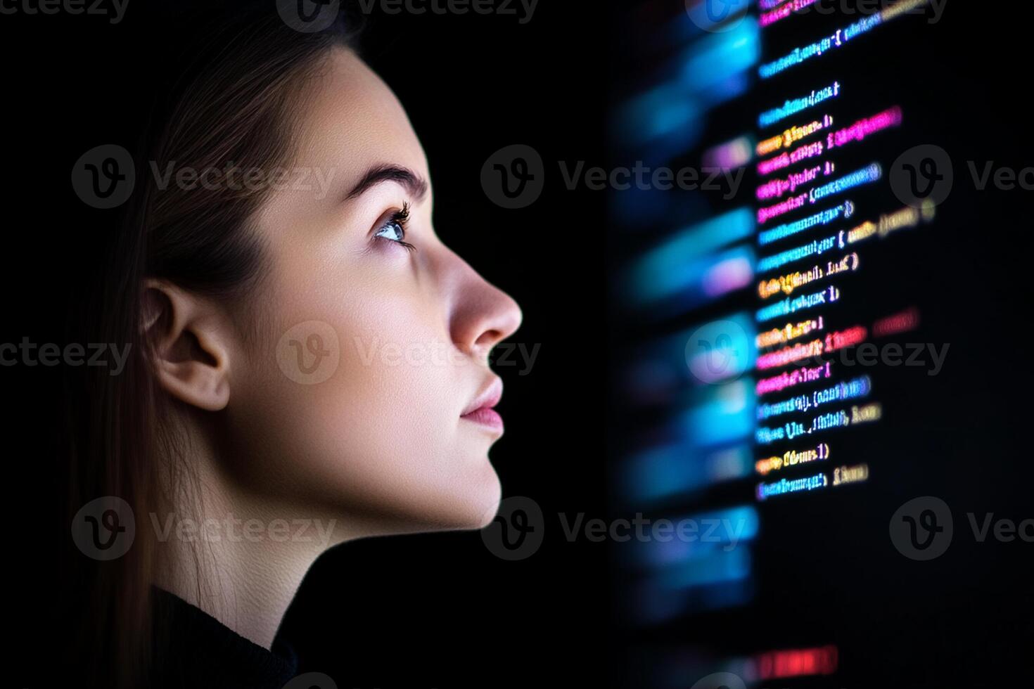A woman looking at a computer screen with code photo