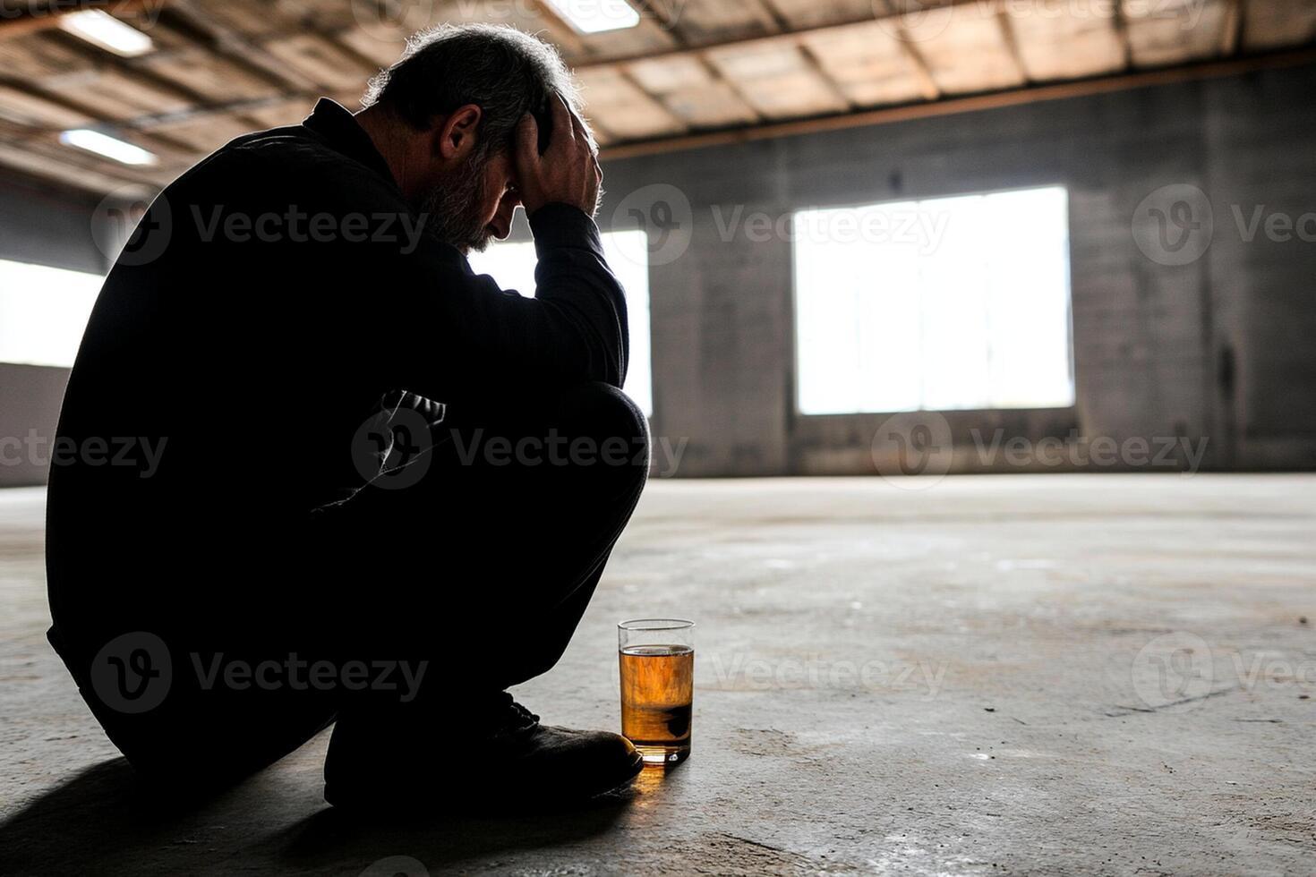A man sitting on the floor with a glass of beer photo