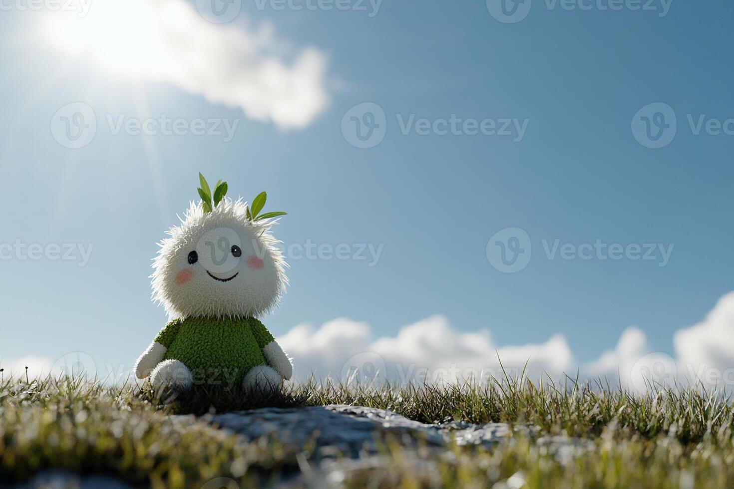 A stuffed animal sitting on a grassy hill photo