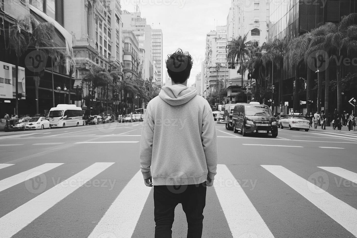 A man is standing on the street in a city photo