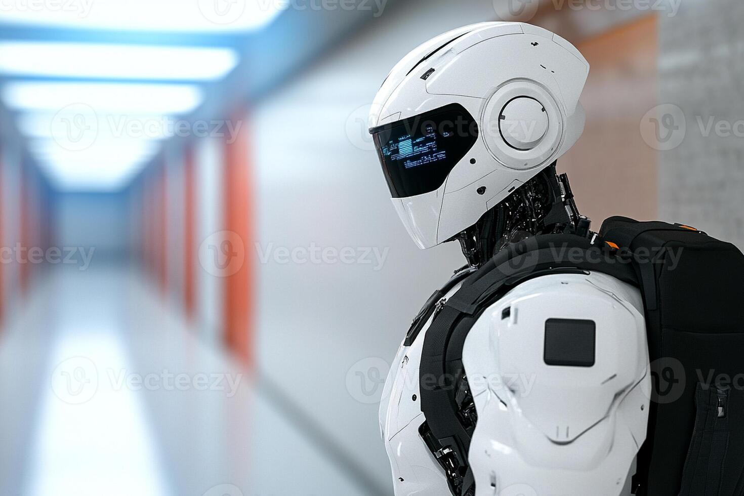 A white robot with a backpack standing in a hallway photo