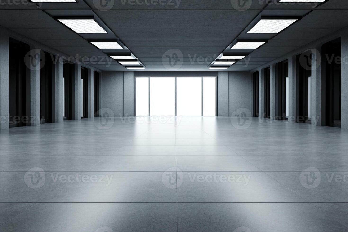 Empty room with white floor and large windows photo