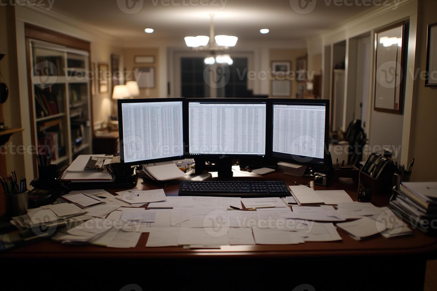 A desk with two monitors and a lot of papers photo