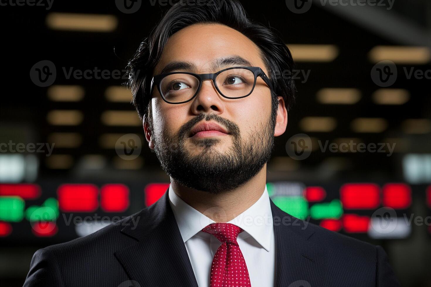 A man in a suit and tie standing in front of a stock market photo
