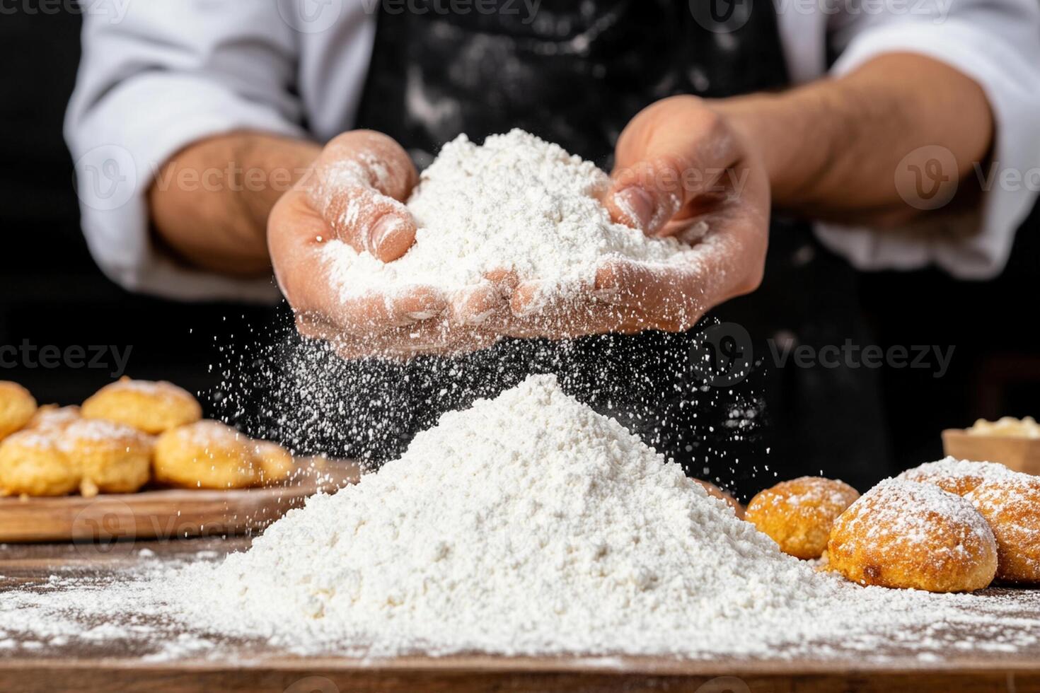 A person sprinkling flour on a table with doughnuts photo